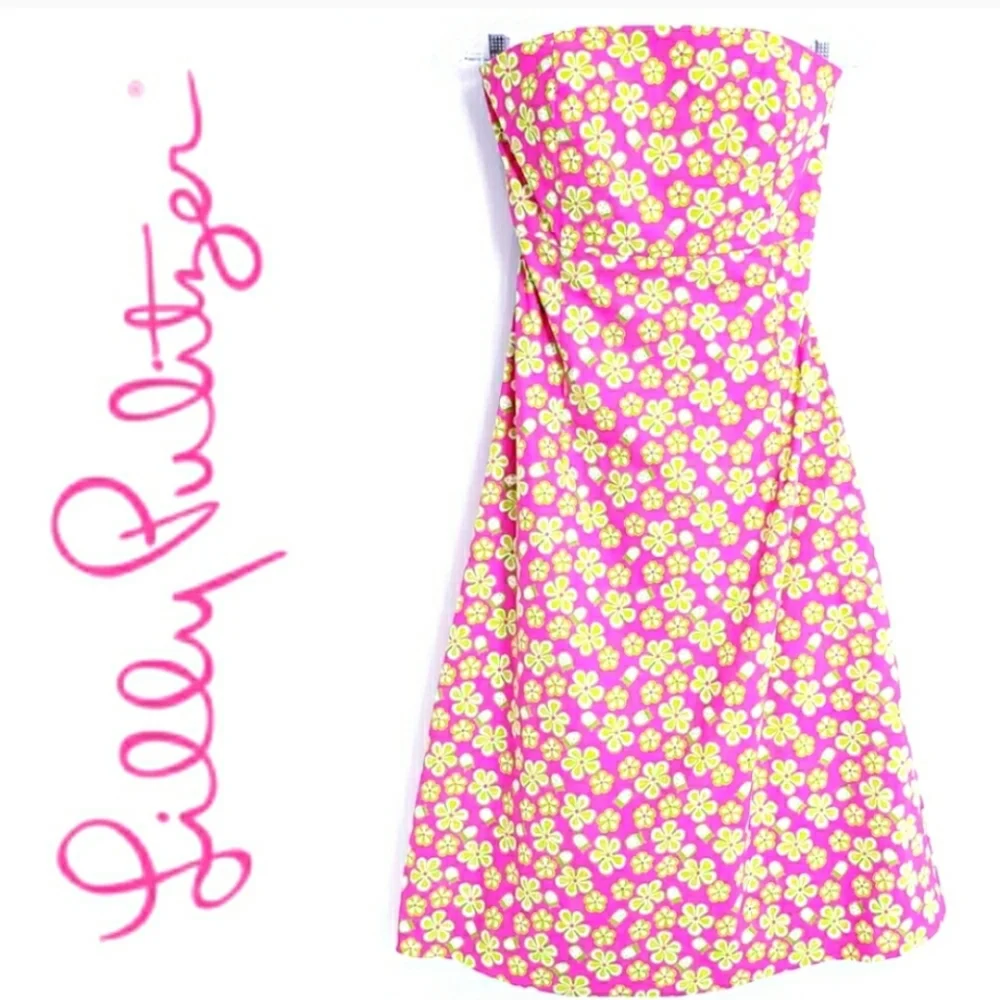 Vintage Lilly Pulitzer Strapless Lip Pink Dunebuggy Floral w/Ladybugs Midi Dress - Picture 14 of 14